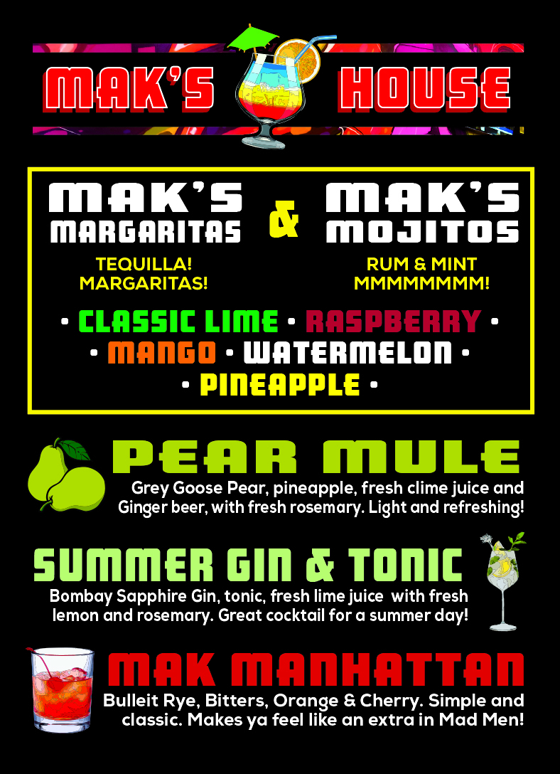 Mak's House drink menu board page two.
