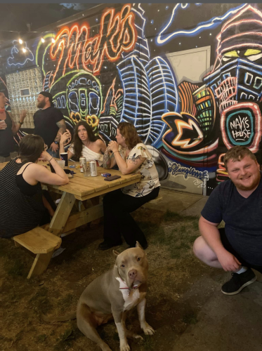 Outdoor patio mural at night.